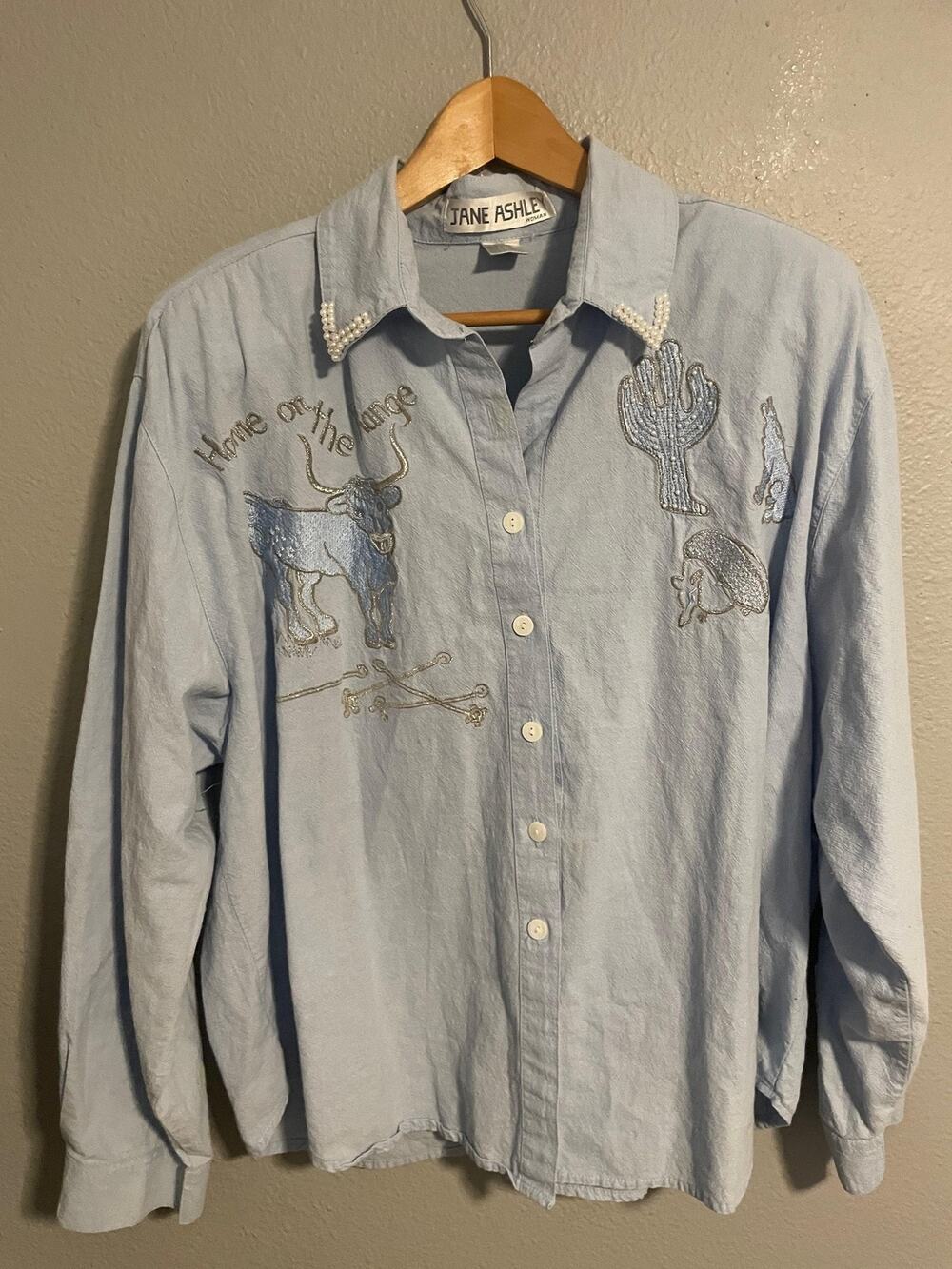 Jane Ashley Womens Top Size 3X Blue Home On The Range Embroidered 90s FLAW